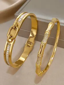 Luxury Stainless Steel & Copper Durable Material Stackable Bracelets Set of Two, Zircon Inlay Jewelry Gift for Women, Mom, Teacher, Party Accessories