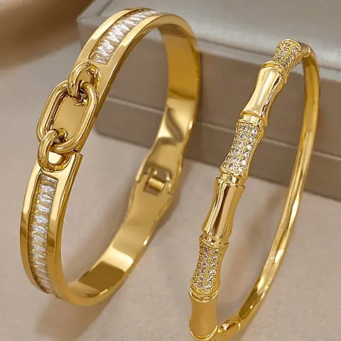 Luxury Stainless Steel & Copper Durable Material Stackable Bracelets Set of Two, Stacked Design Bracelets, Zircon Inlay Jewelry Gift for Women, Mom, Teacher, Party Accessories, High Quality Bracelet, Fashionable Bracelet, Elegant Jewelry Bracelet