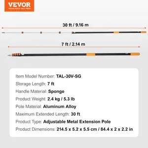 VEVOR Telescoping Pole, 7 to 30 FT Pole, Extension Multi-Purpose Pole, Sturdy Aluminum Alloy Paint Extendable Pole with Flip-Lock Design, Telescopic Pole for Painting, Dusting and Cleaning