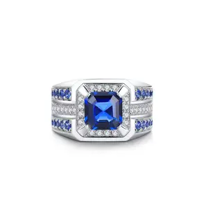 Blue Sapphire Men’s Ring – S925 Sterling Silver Engagement Ring for Men – Gold Band Wedding Ring Anniversary Gift for Him