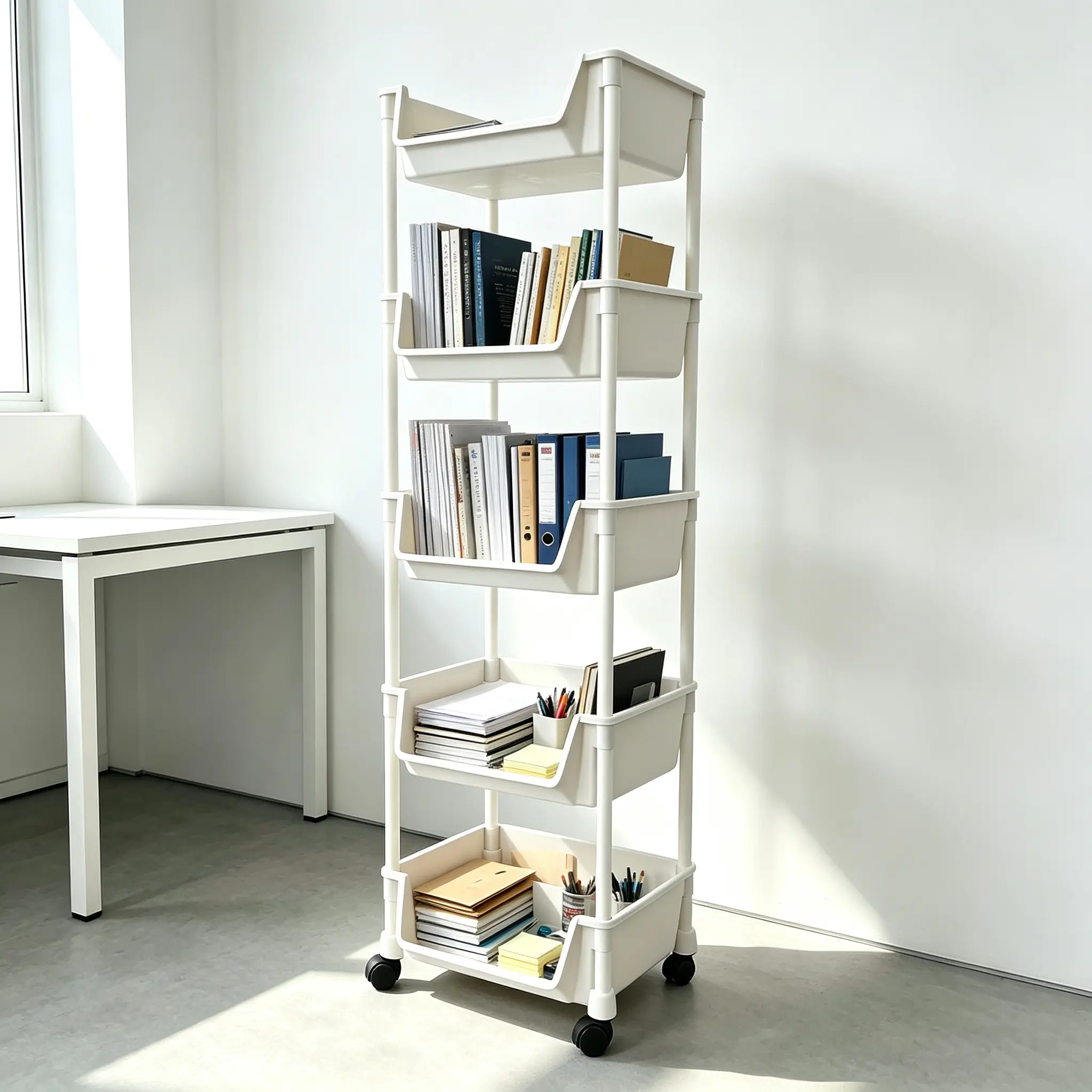 5-tier rolling storage cart, mobile office organizer shelf with wheels, vertical book & file storage rack for home office supplies