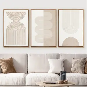 3PCS Set Mid Century Modern Artwork Wall arts Posters Beige Neutral Geometric Abstract Canvas Decorative Art Wall Decoration for Living Room, Bedroom, Office, Unframed Art Print, Frameless