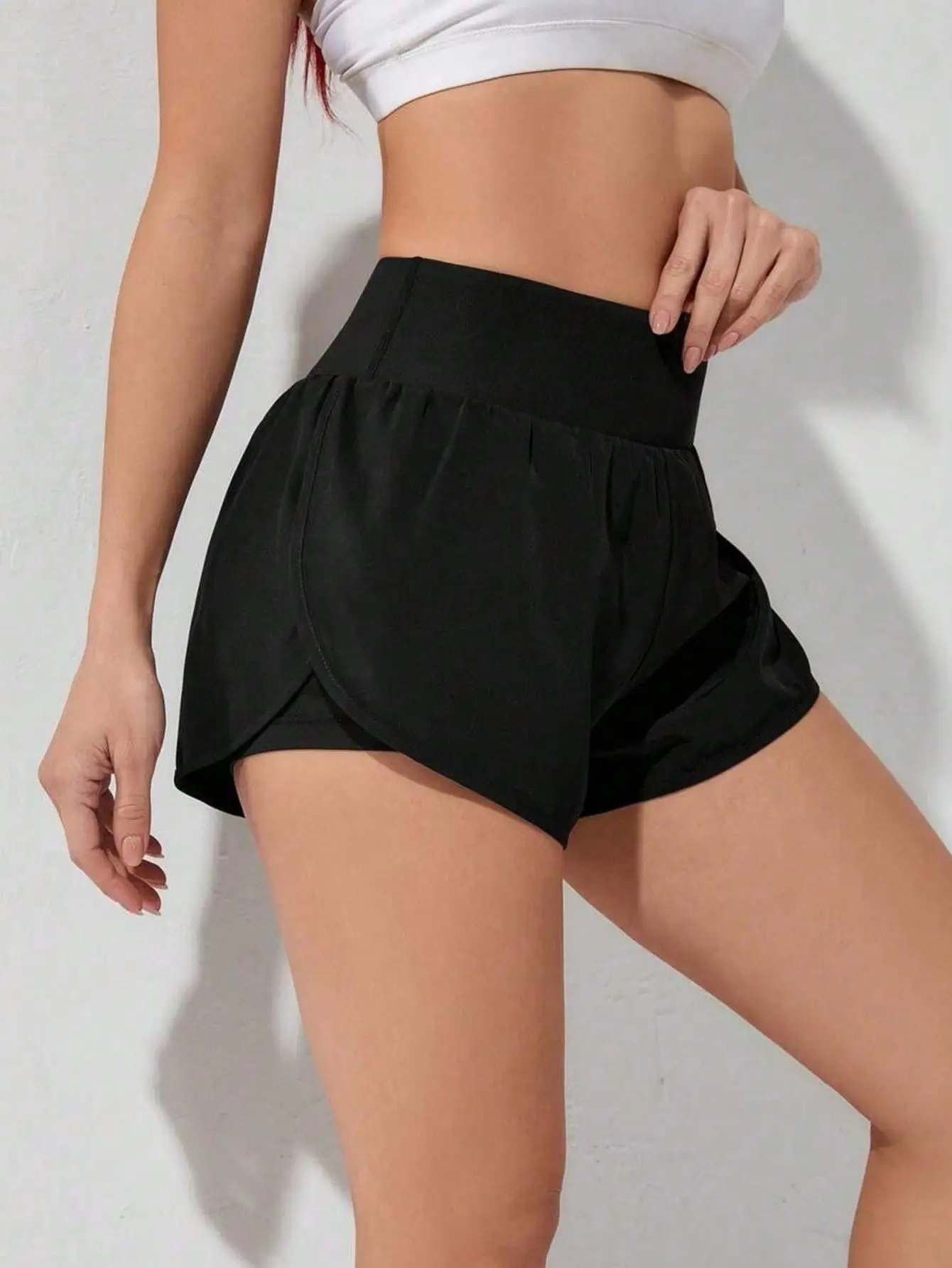 Female Polyester Wideband Waist Dolphin Hem Sports Shorts, Snug Elastic Stretchy Running Shorts, Machine Washable