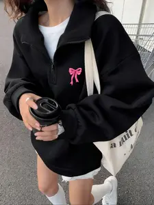 Women's Oversized Black Half-Zip Sweatshirt, Pink Bow Embroidery, Sweet Cool Casual