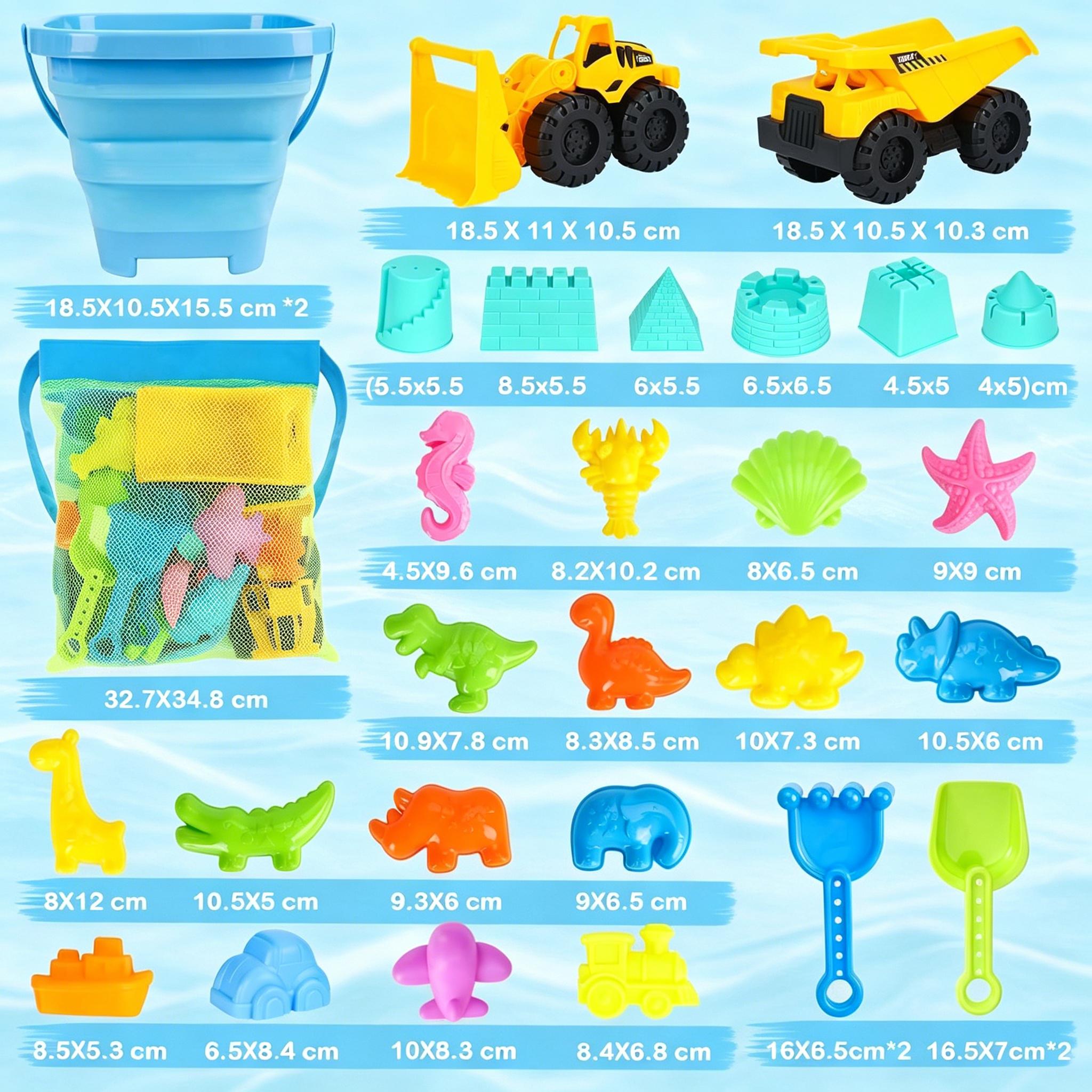 Kids Beach Sand Toys Set with 2 Construction Vehicles & Collapsible Buckets