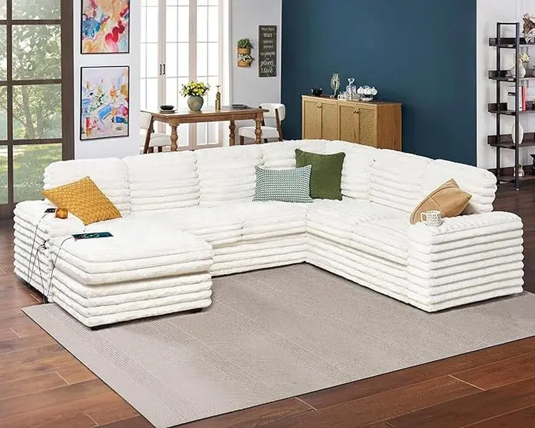 Amerlife 112-Inch Oversized 7-Seat U-Shaped Upholstered Sectional Sofa, Fixed Arms, 32-Inch Storage Chaise Organizer, Cup Holders, Type-C & USB Ports, Assembly Required, Indoor Living Room Furniture, Christmas Gift Idea, Sturdy, 32-Inch Chaise