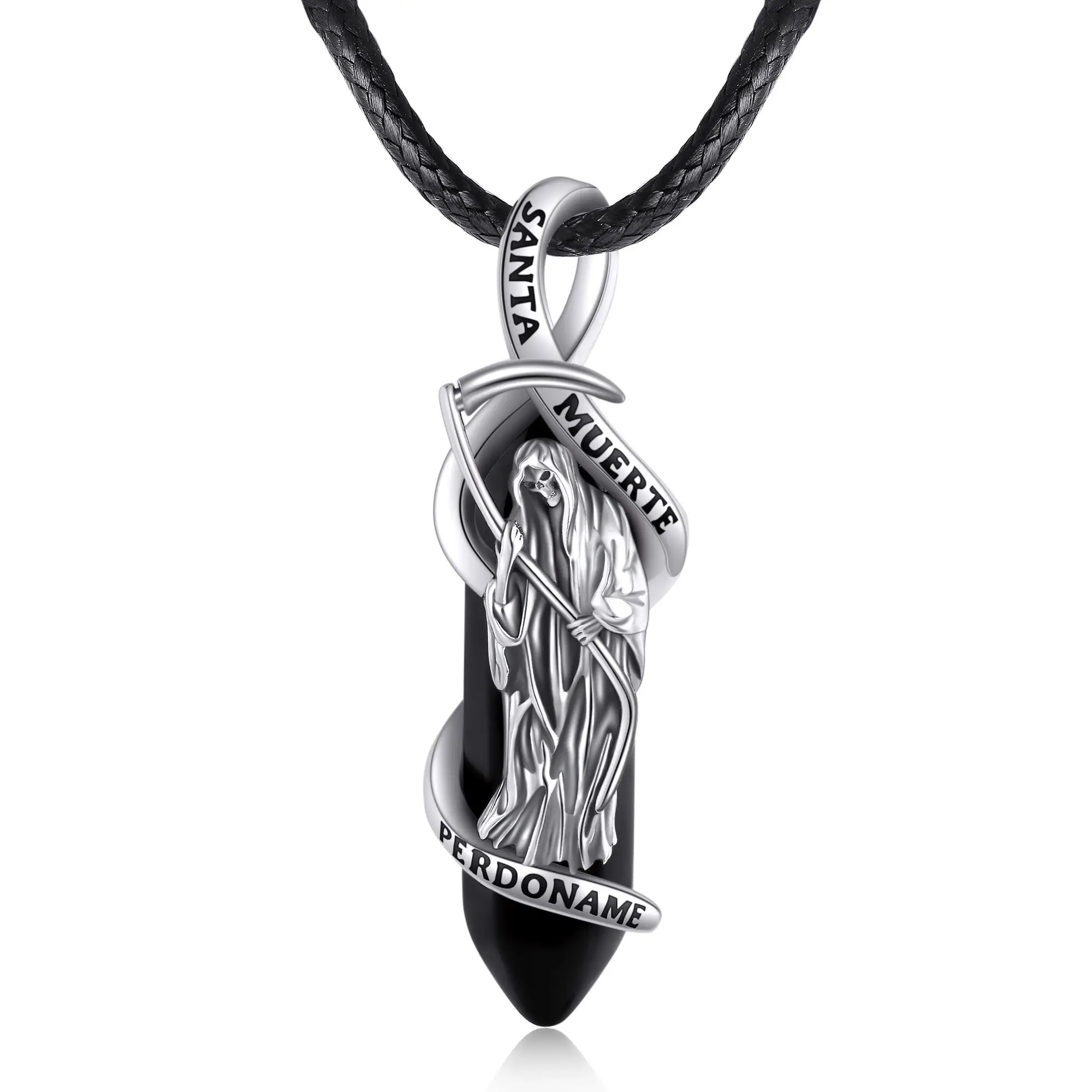 YFN Crystal Santa Muerte Necklace 925 Sterling Silver Grim Reaper Pendant Necklace Protection Jewelry Gift Adjustable Chain Length for Men Women Adjus
