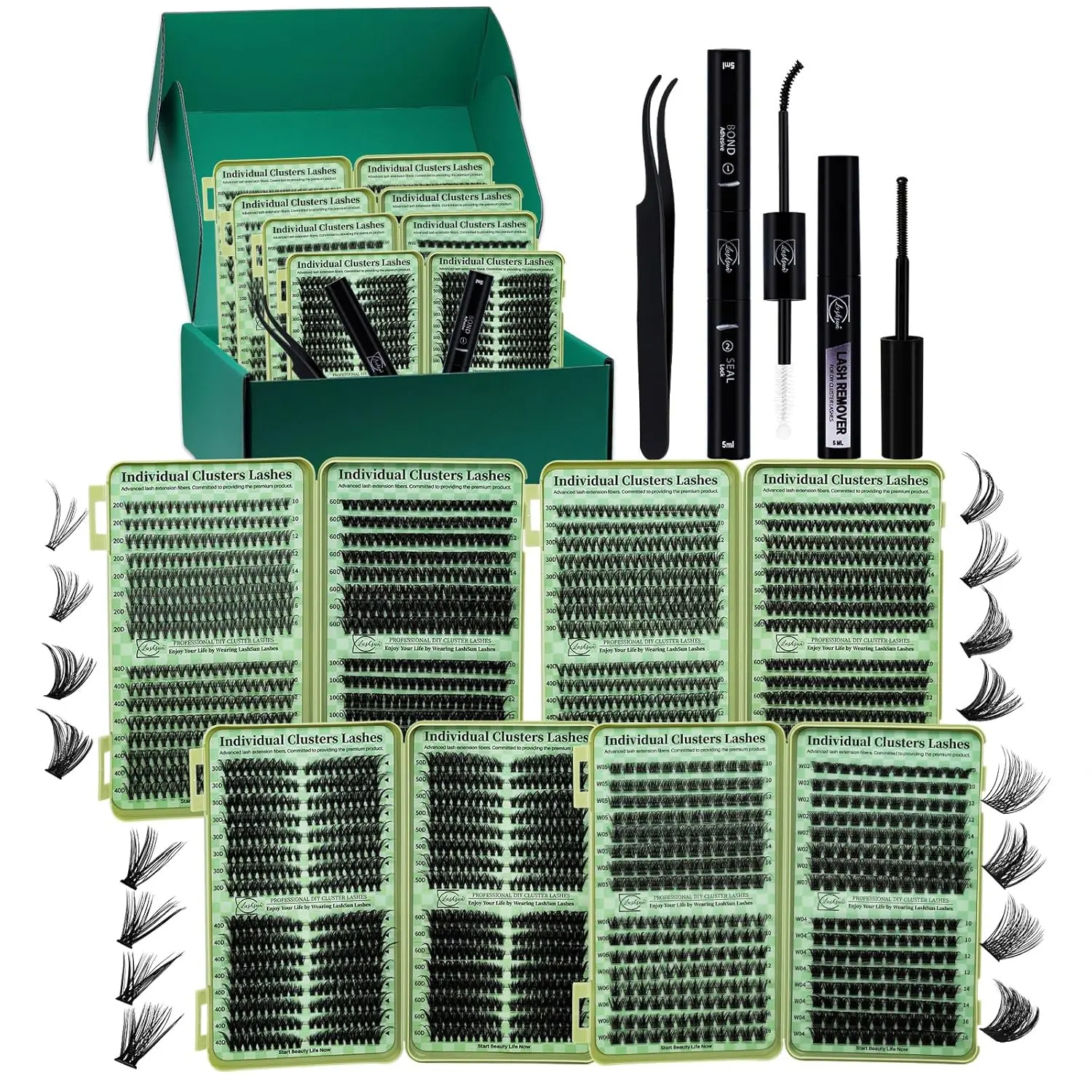 Lash Clusters Kit Wispy Eyelash Clusters 2304PCS Kit Cat Eye Kit Cluster Eyelash Extensions  Naturales DIY Lash At Home+Lash Bond and Seal,Remover,Tweezers(4 Boxes Kit-1)