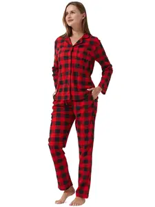 Women's Plaid Print Lapel Neck Pajama Two-Piece Set, Casual Comfy Long Sleeve Top & Pants PJ Set, Ladies Sleepwear for Spring & Fall