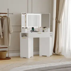 Fluted Corner Vanity Desk – Get Ready Faster with Mirror & Lights, Charging Station, Drawers & Storage Cabinet