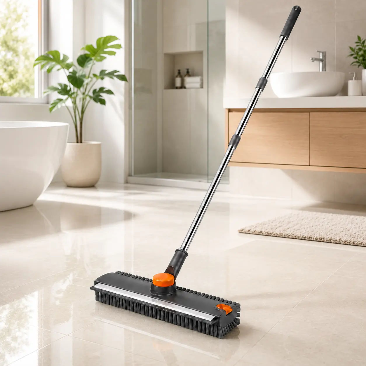 Rubber Broom Pet Hair Remover Long Handle Floor Squeegee Carpet Rake Dog Cat Hair Removal Broom Adjustable Stainless Steel Handle Floor Scrubber Brush for Hardwood Tile Carpet Cleaning Tools