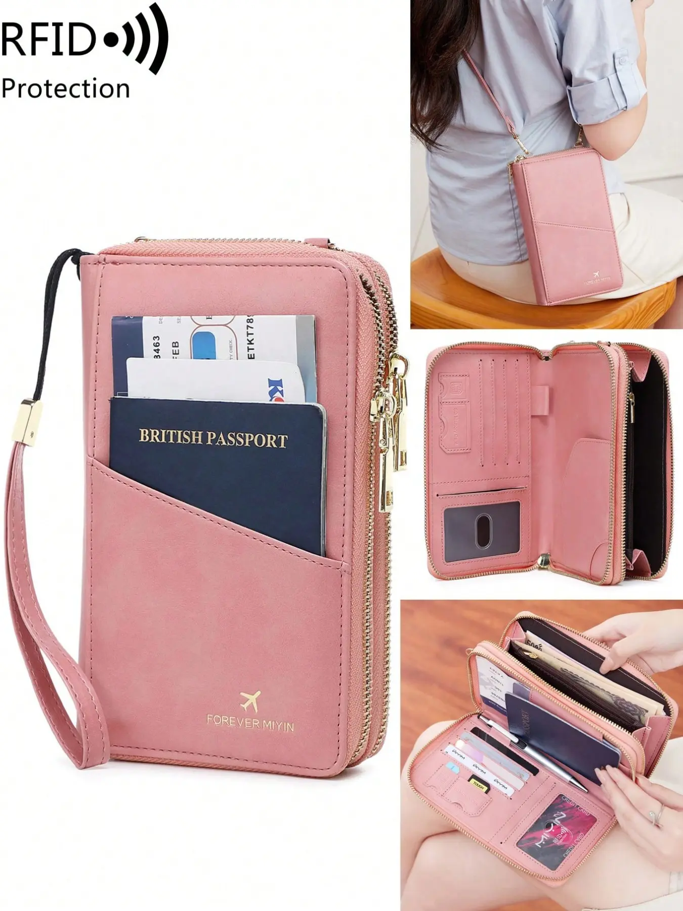 Multifunctional RFID Theft Proof passport holder, Passport Protector, with card slot and double zipper compartment, large capacity wallet, detachable wrist strap and shoulder strap, travel document organizer, unisex version