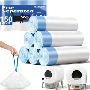 150 Count Automatic Cat Litter Box Bags Compatible with Cmg Fmo Fstg Robot Litter box, Pre-Seperated Thick Self-Cleaning Cat Litter Box Replacement Liners with Drawstring Heavy Duty-26"x11.8"