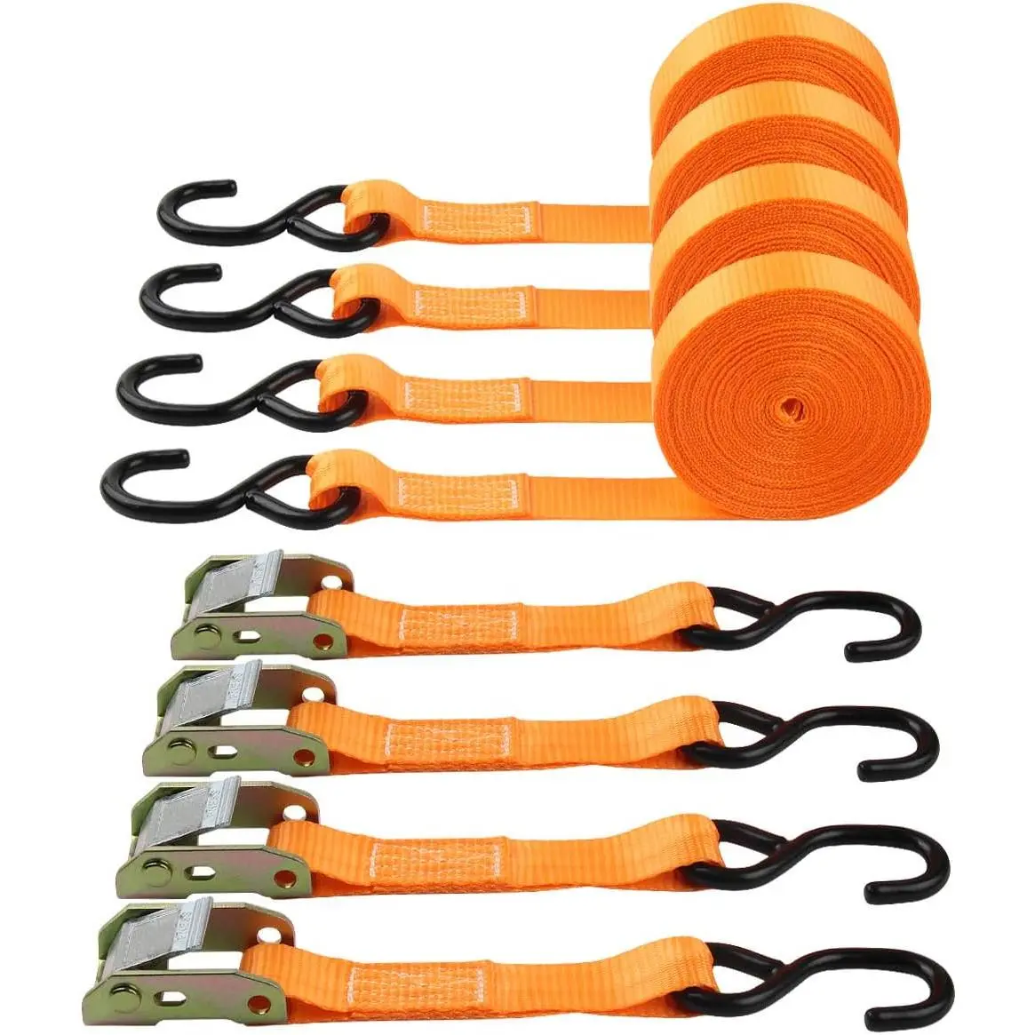 Ratchet Tie-Down Straps (4-Pack) - 1" x 20ft Durable Polyester Webbing, Coated Steel S-Hooks, Metal Cambuckles, 1000lbs Capacity, Securement Tool, Easy to Use for Utility Trailers, Flatbed, Enclosed Trucks, Garages