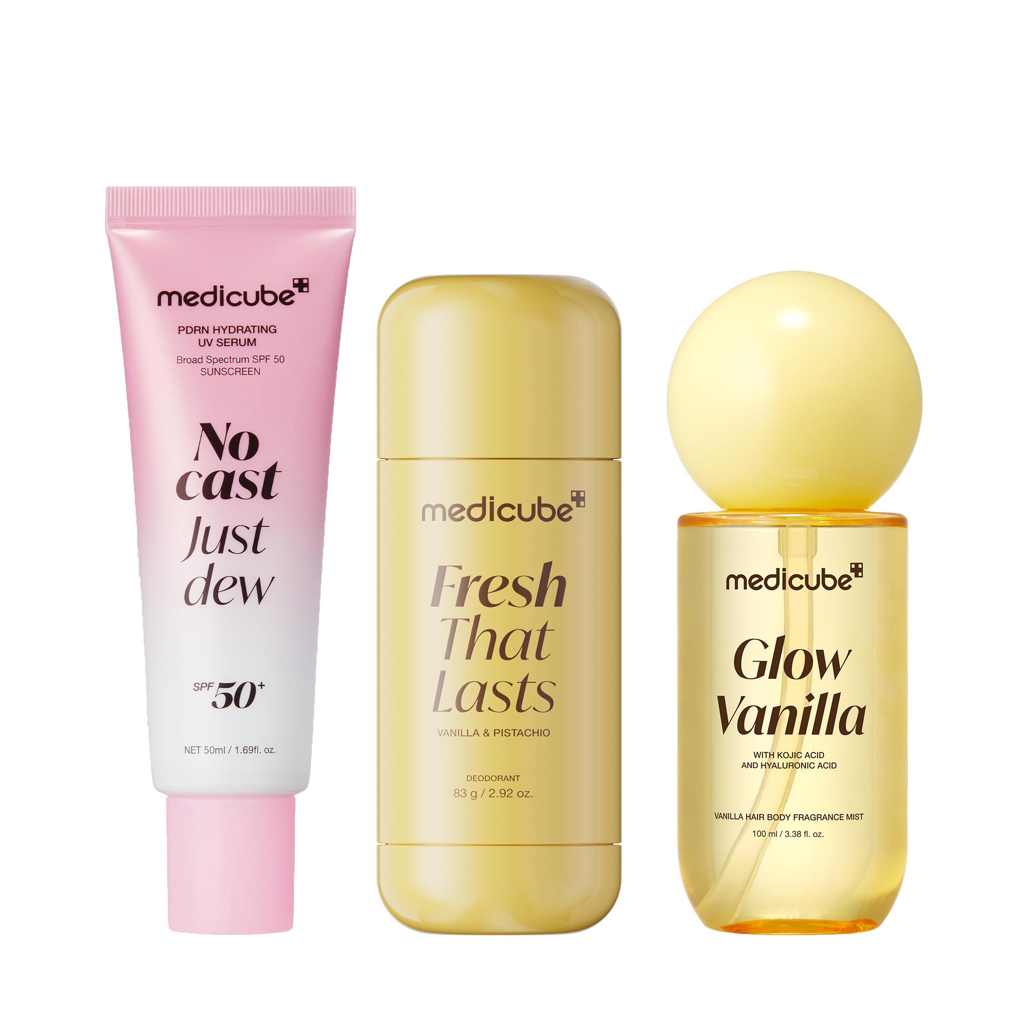 [medicube] Beat the Sun, Sweat & Odor Set | 24 Hours Odor Control, Deep Hydration, Body Brightening Care & Boosting Hair Radiance, Daily Lightweight Sunscreen SPF 50, Glow Vanilla | Korean Skincare, K-Beauty