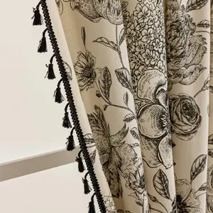 Black Floral Farmhouse Curtains Living Room Drapes 84 Inch Length Cotton Linen Boho Window Curtain with Tassel Rod Pocket Bedroom Macrame Drapes Flower Curtains, 2 Panel