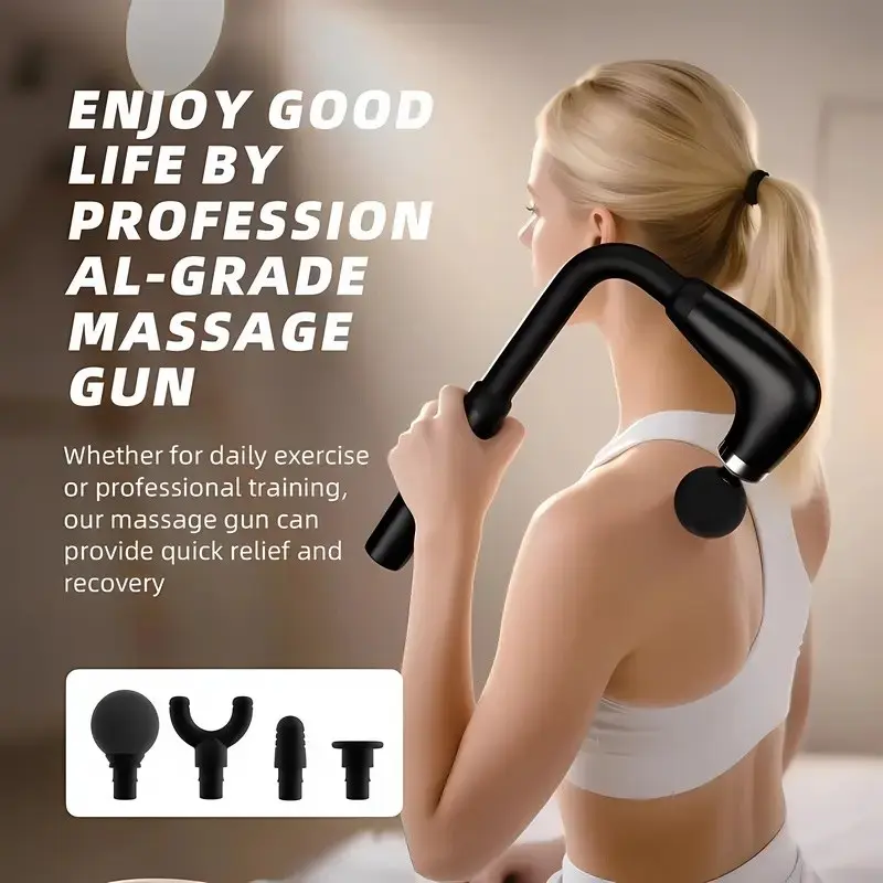 Portable massage gun - Suitable for full-body use | Charges via USB | Handheld electric myofascial massager | The perfect gift for him | Upgraded longer handle design | Deep tissue back massager | Equipped with 4 massage heads and 9 speed levels