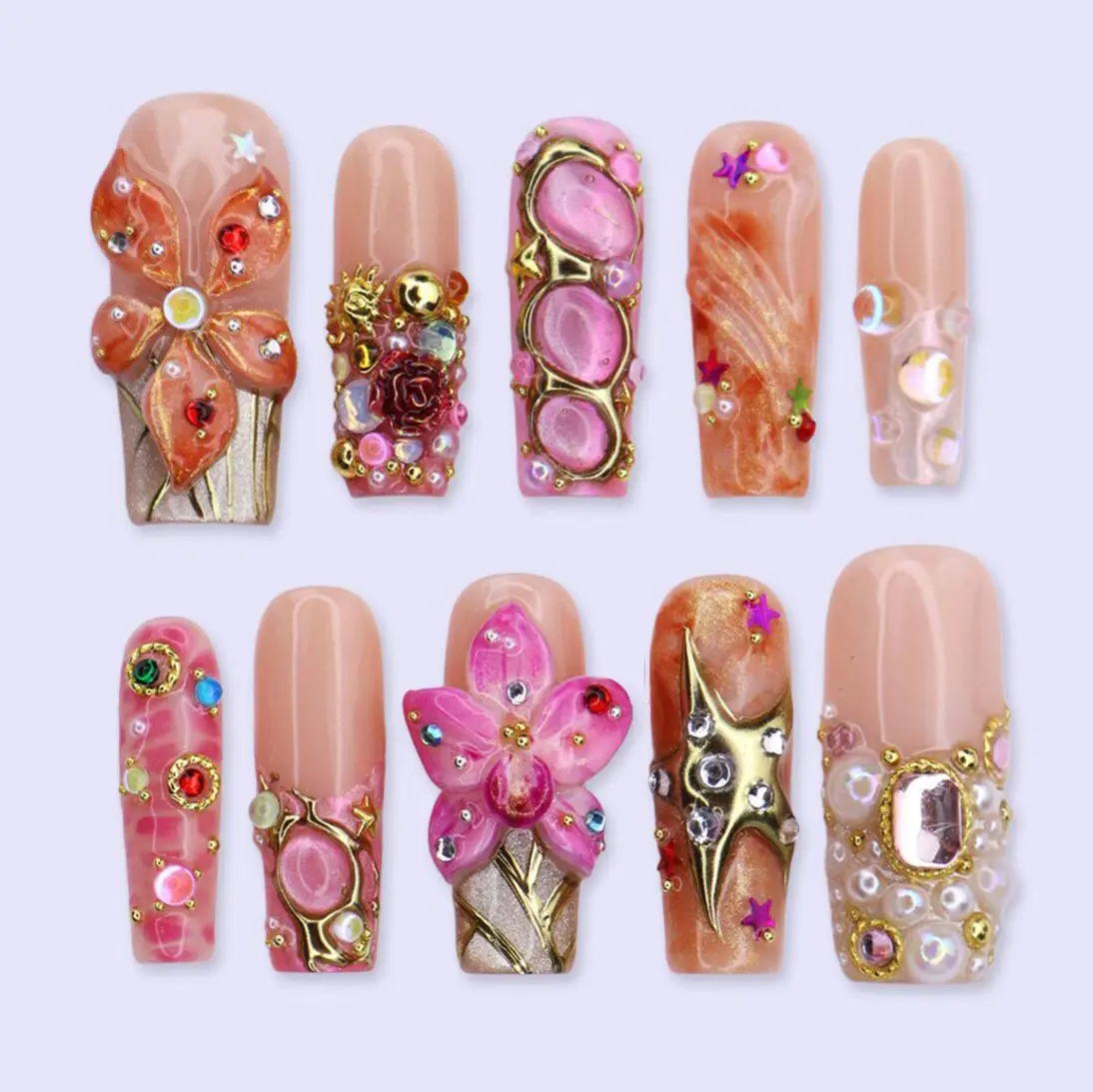 Maximal Press On Nails Pink 3D Flowers & Gold Chrome Details | Long Square Fake Nails | Handmade Glam Nail Art for Vacation, Party, Birthday