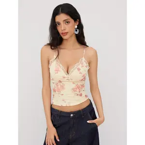 Cider Mesh V-neck Floral Lace Trim Bowknot Cami Top