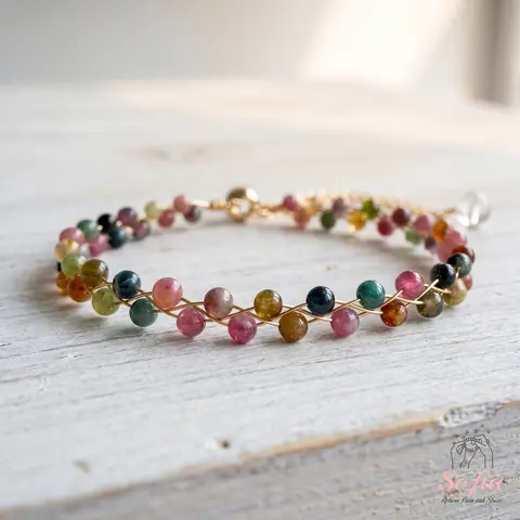 Sofia Wire Wrapped Rainbow Tourmaline Bracelet | 14K Gold Filled Wired Bracelets | 4MM Beads Boho Style Jewelry, Gifts for her, Mother's Day Gift