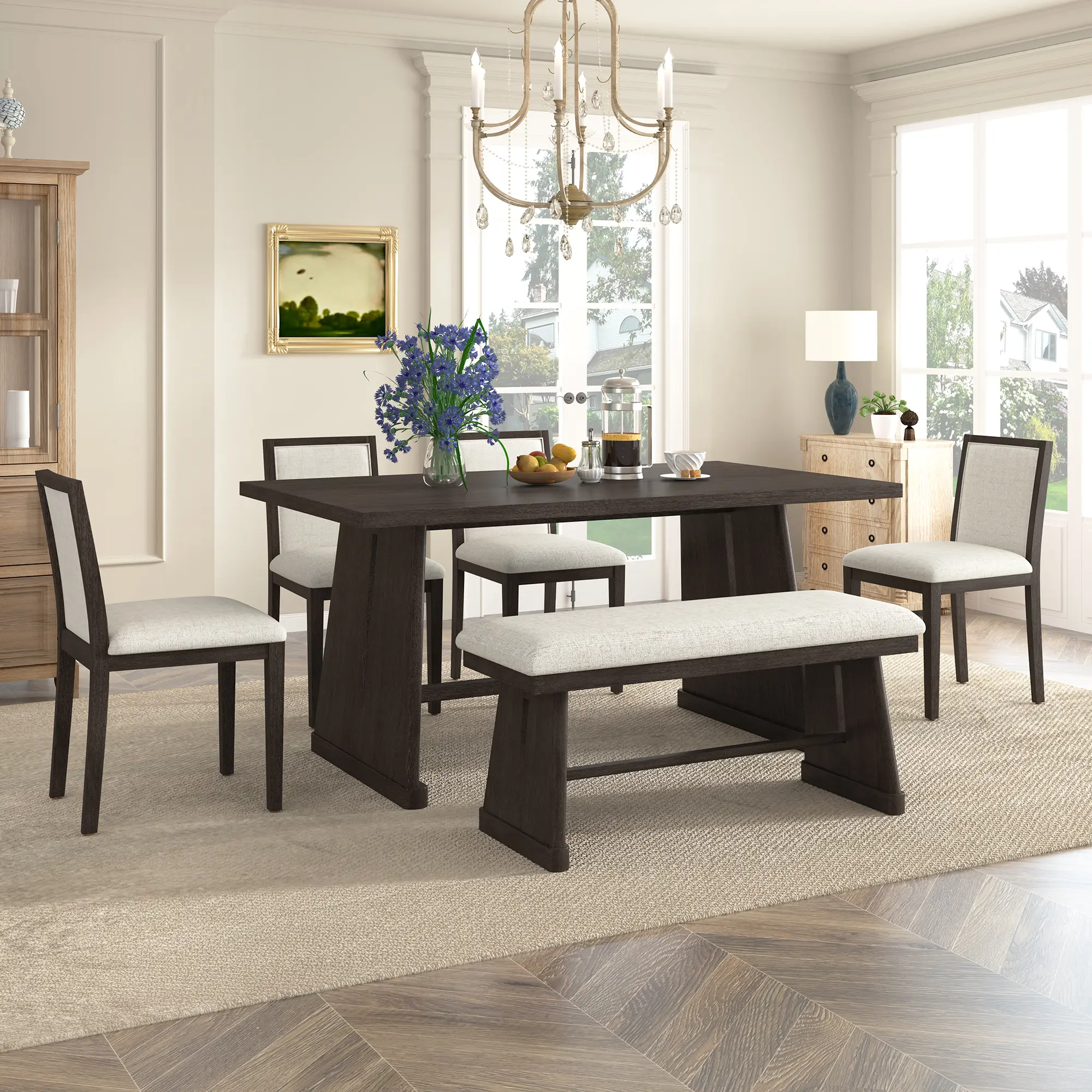 TREXM 6-Piece Rustic Farmhouse Dining Table Set with Wire Brushed Rectangular Table, Trapezoid Legs, 4 Upholstered Linen Chairs & Padded Bench for Dining Room Kitchen Espresso, Dining Room Chairs for Kitchen, Dining Room, Living Room