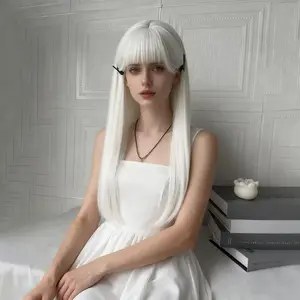 26-Inch White Straight Human-Like Wig for Women with Bangs & Layered Short/Ringlet-like Ends Breathable No-Shed Synthetic-Like Hair Volume Rose Net European American Style for Blonde Dark Tones Costume Party