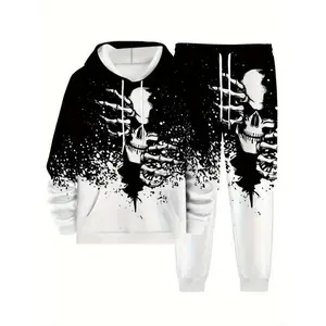 Men's Casual Skull Head Hoodie Set, Long Sleeve Sporty Knitwear, Fall & Winter Collection, Halloween Print, Regular Fit