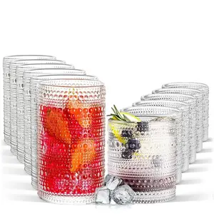 12 oz Vintage Hobnail Drinking Glasses With Lids and Straws - Highball Water Juice Iced coffee Glasses Cups for Kitchen