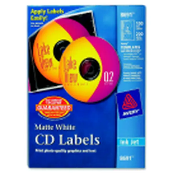 Avery High Quality CD-DVD Inkjet Printer Permanent Labels & Stickers - Matte White, Pack of 100, Will Not Lift, For Organizing CD-DVD Collections, With Free Templates