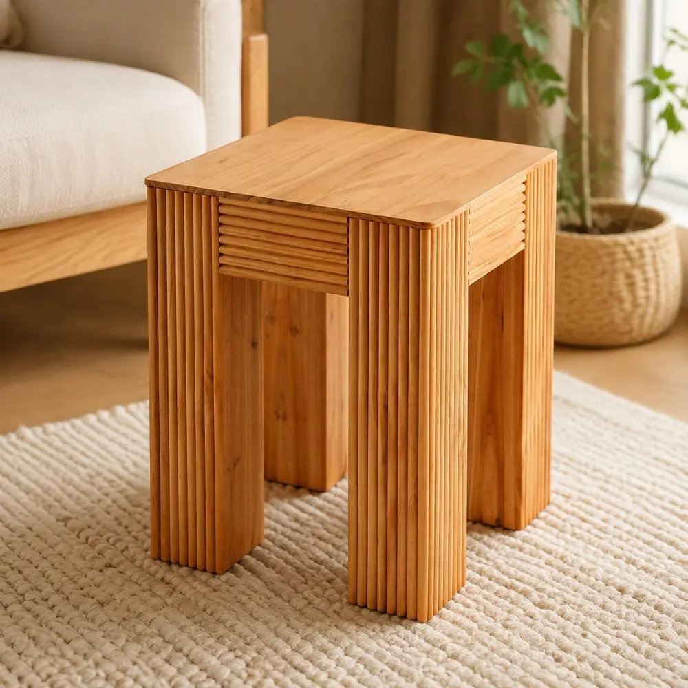 Littleox Natural Pine Wood Fluted Side Table with Elephant-Leg Design