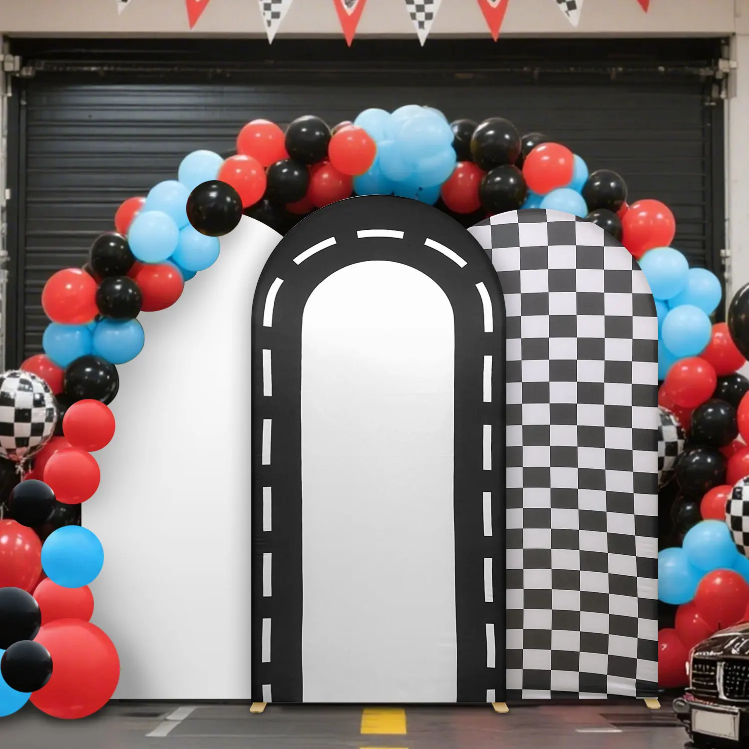 6.5ft Double Sided Race Track Arch Cover Stretch Spandex Arched Backdrop Black Highway Road Pattern Photo Background for Boys Race Car Themed Birthday Party, Kids Racing Photo Booth Decorations