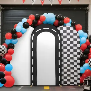 6.5ft Double Sided Race Track Arch Cover Stretch Spandex Arched Backdrop Black Highway Road Pattern Photo Background for Boys Race Car Themed Birthday Party, Kids Racing Photo Booth Decorations