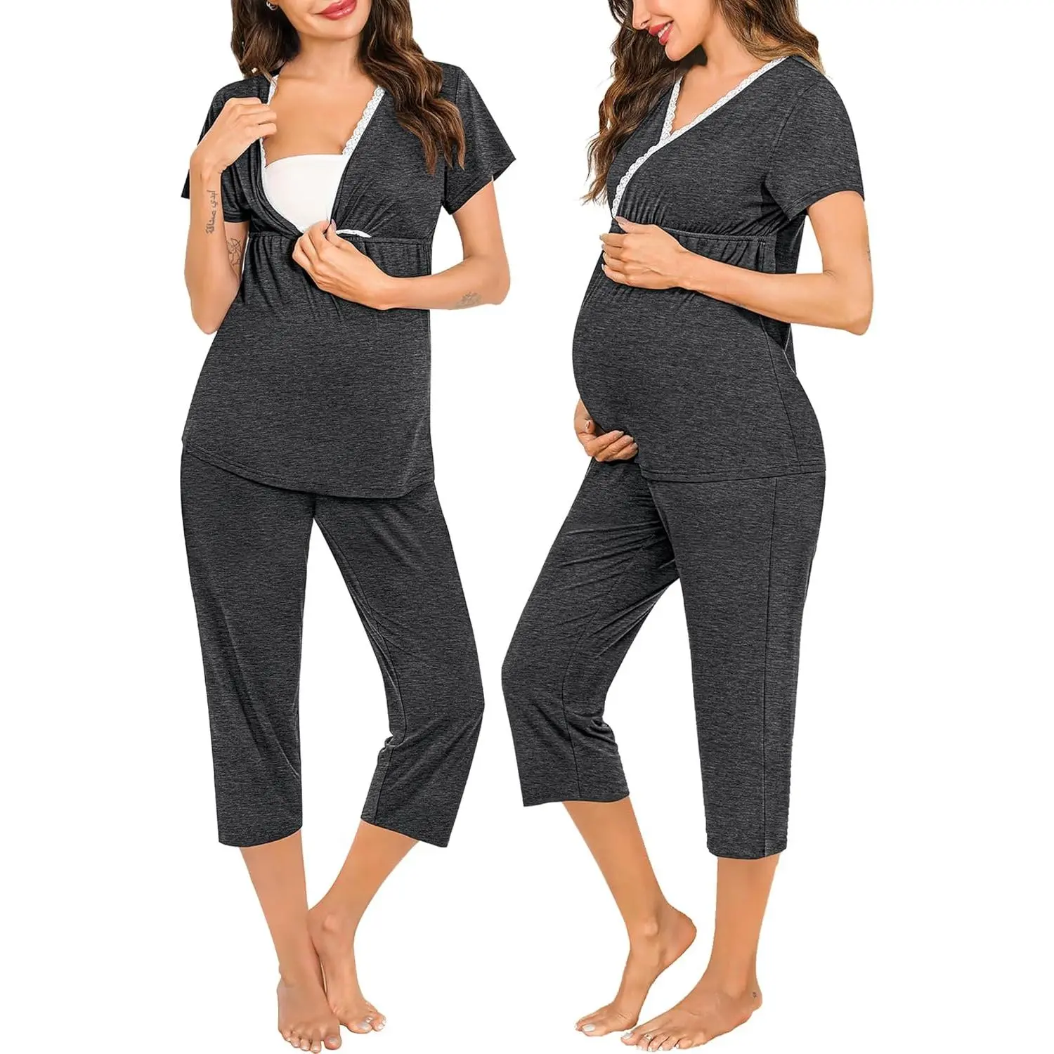 Women's 2-Piece Maternity Nursing Pajamas Set - Short-Sleeve Top, Pants - Breastfeeding Sleepwear for Pregnancy