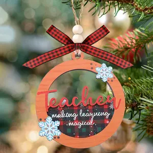 Teacher Making Learning Magical Christmas Ornament, Snowflake Checkered Hollow 2 Layer Wooden Decoration, Christmas Tree Hanging Ornaments, Back to school Graduation Season Teacher Ornament Gift, Teacher Appreciation, Christmas Gifts for Teacher
