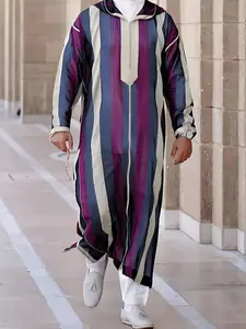 Men's Casual Djellaba, Striped Hooded Moroccan Thobe with Pockets, Long Sleeve Islamic Robe for Daily Wear & Special Occasion