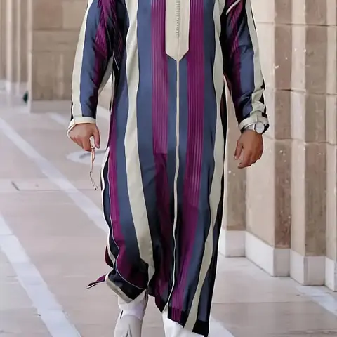 Men’s Moroccan Djellaba, Blue & White Striped Hooded Thobe with Pockets & Side Slits, Long Sleeve Islamic Robe for Daily Wear & Special Occasions