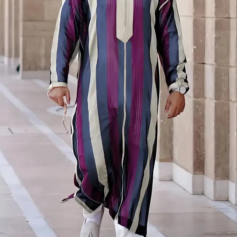 Men’s Moroccan Djellaba, Blue & White Striped Hooded Thobe with Pockets & Side Slits, Long Sleeve Islamic Robe for Daily Wear & Special Occasions
