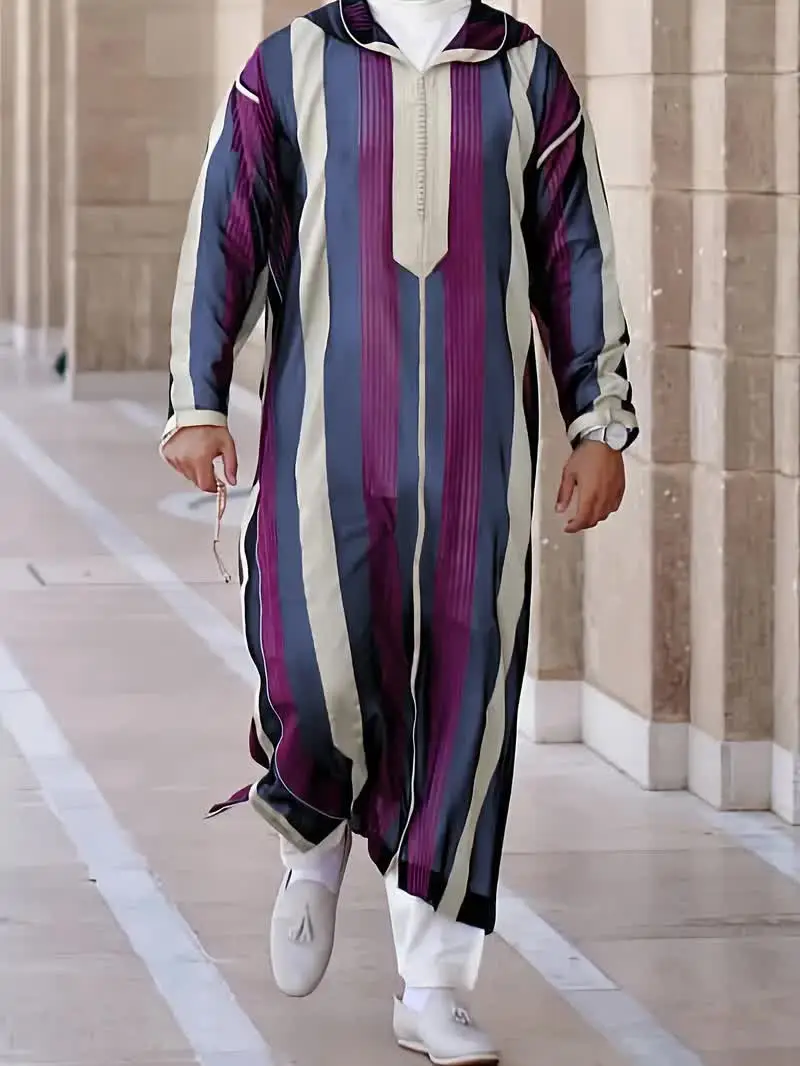 Men's Casual Djellaba – Striped Hooded Moroccan Kaftan with Pockets, Long Sleeve Islamic Robe for Eid & Everyday Wear