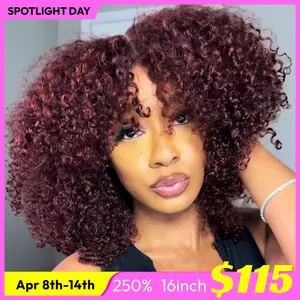 UNice 250% Density Reddish Brown Fluffy Layer Burmese Curly Wig No Slip Glueless Pre-cut 7x5 HD Lace Closure Human Hair Wigs with Layer Finger Coil Ends 16 Inch Beginners Friendly Natural Looking #SpotlightDay#Summervibes
