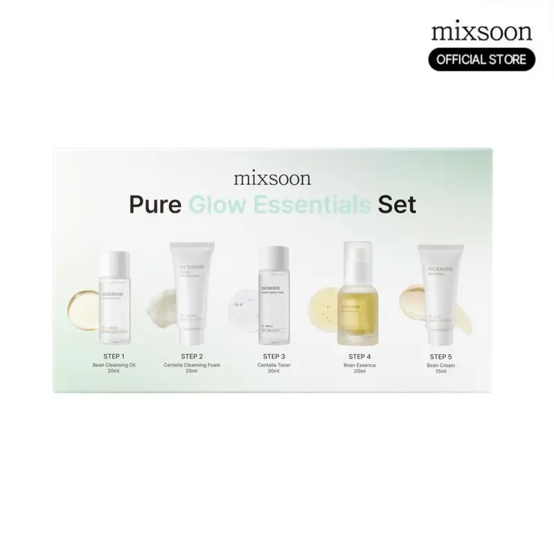 [mixsoon Official] Pure Glow Travel Set | Bean + Centella + Fermented Ingredients | Mini Skincare Set with Bean Cleansing Oil, Centella Foam, Toner, Bean Essence & Bean Cream | Giftable Skincare Set