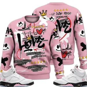 5 Medium Soft Pink Sweatshirt, Soft Pink 35th Anniversary 5s Shirt, Happy Love Beats Graffiti Outfits Streetwear Sneaker Matching Fabric Fleece