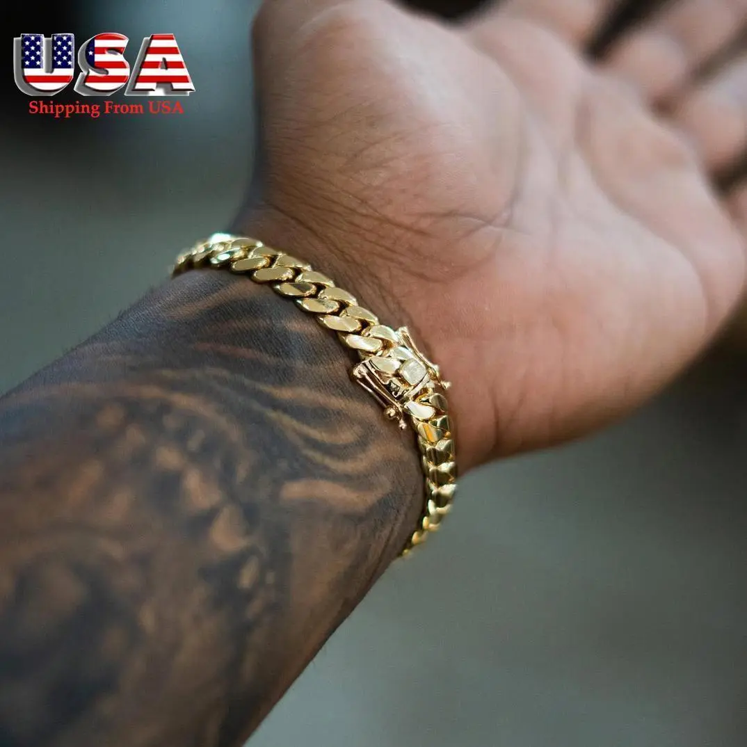 14K/18K/24K Gold Vacuum Plated Stainless Steel Chain & Copper Deployment Clasp Miami Cuban Link Chain Italy Mexico & Micro Inspired Unisex Hip Hop 8mm Bracelet for Men & Women Jewelry,Daily Wear,Casual Fashion,Gift Idea,Chicano Style,Weighty