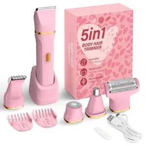 KINGTEE 5-in-1 Electric Bikini Trimmer for Women – IPX7 Waterproof Shaver, Cordless Body & Facial Razors for Women, Ceramic Blades, USB-C Rechargeable, Painless Hair Removal Kit (Pink),Mothers Day Gift