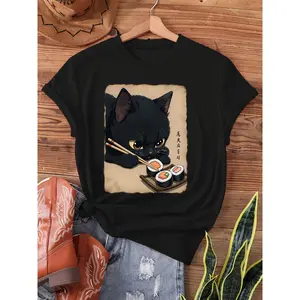 Sushi print t-shirt, short sleeve crew neck casual top for summer & spring, Women's clothing