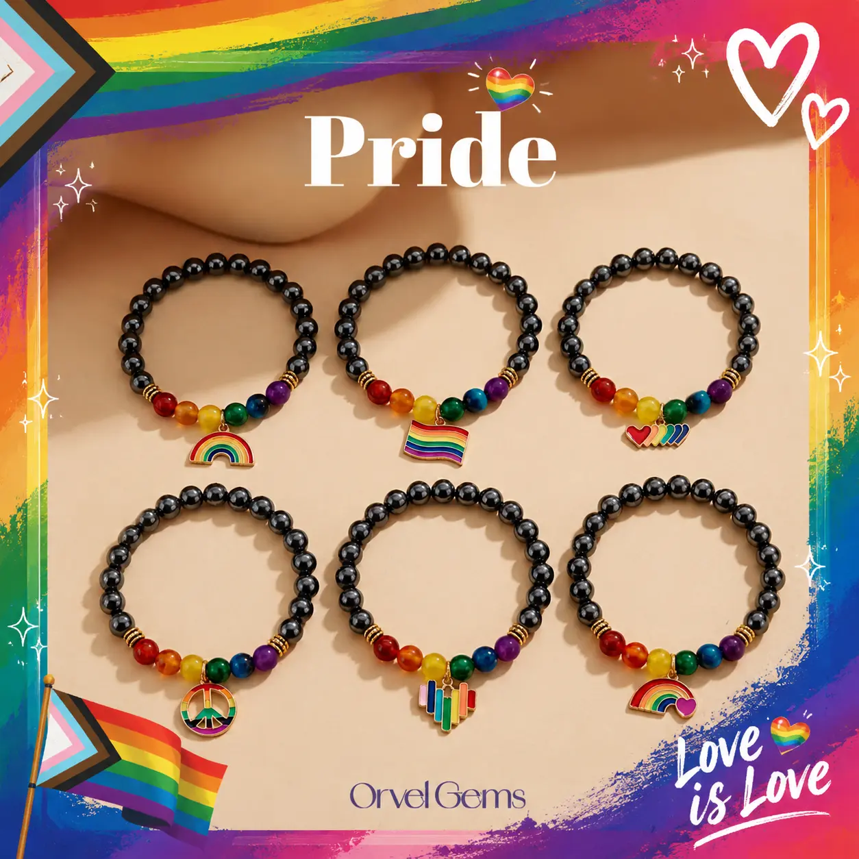 Love is Love Rainbow Bracelet – LGBTQ+ Pride Bracelet for Women Men | Rainbow Flag Beaded Hematite Stretch Bracelet | Pride Month Jewelry Stackable Unisex Gift