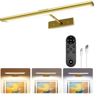 Wall-mounted picture light, 4800mAh rechargeable wireless infrared remote control light, 16inch dimmable magnetic LED art picture light, with 3 color temperatures, suitable for galleries, living rooms, bedrooms (gold)