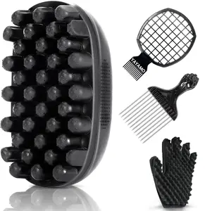 Curl Sponge Set - 2-Sided Curling Brush, Easy Grip Glove, Nylon Bristles Metal Brush, Pick, Twist Comb - High-Quality Natural Hair Styling Tool, Two-Sided Tool