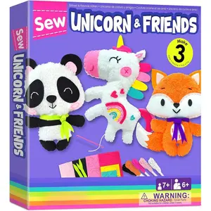 L-PLT018 Unicorn Beginner Animal Sewing Kit for Kids Age 7-13 My First Art & Craft, Includes 3 Stuffed Animal Dolls Panda, Fox, Instructions & Plush Felt Materials for Learn to Sew, Embroidery