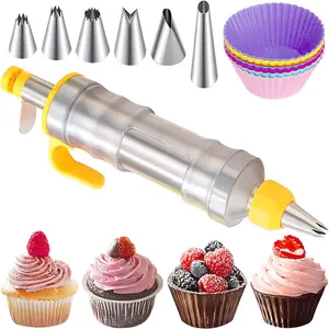 Dessert Decorating Syringe Set, Cake Decorating Kit, Stainless Steels Frosting Piping Kit for Cupcake Decoration with 6 Piping Nozzles, Cake Decorating Gun for Frosting Cream to Make Cupcakes Bakeware Dispenser