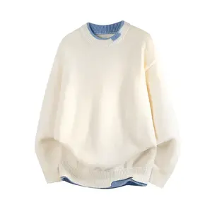 American Style Fashion Versatile Loose Personality Simple Breathable Skin-friendly Comfortable Long Sleeve Patchwork Fake Two-piece Design Men's Pullover Sweater